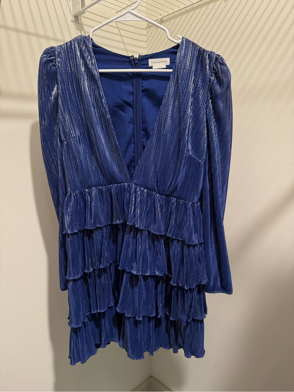Lovers and Friends- Mya Mini Dress in Blue Silver plunge neck ruffle dress